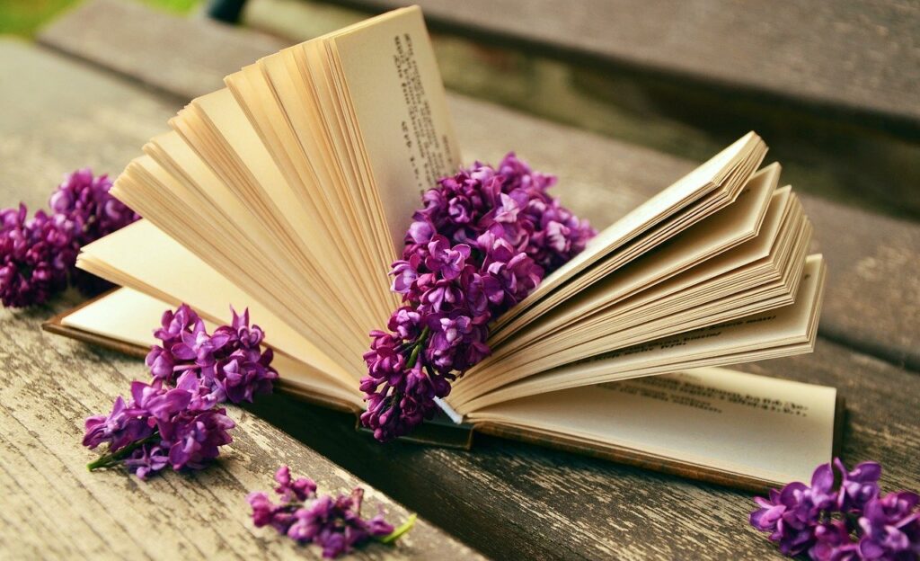 本と紫色の花
